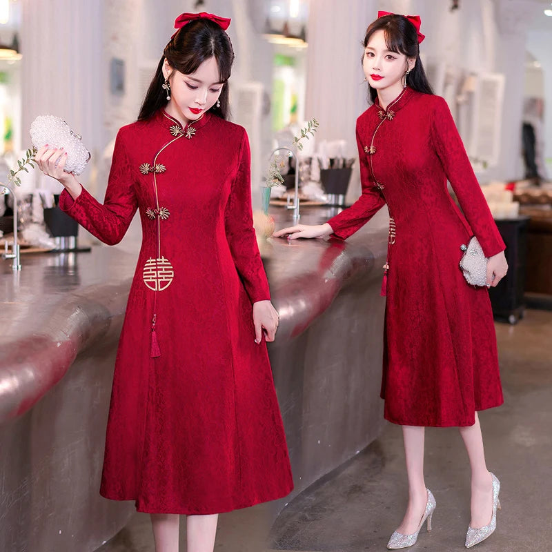 Retro Chinese Traditional Red Wedding Qipao Dress Modern Improved Long Sleeve Embroidered Cheongsam Plus Size Women Clothing CNY - Seprincess