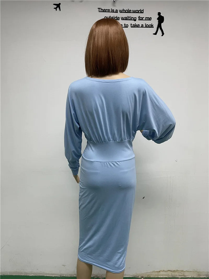 Women Elegant Office Lantern Sleeve Party Dresses Ladies O Neck Bodycon Dress Autumn Winter Solid  Midi Dress 2024 Vestidos - Seprincess