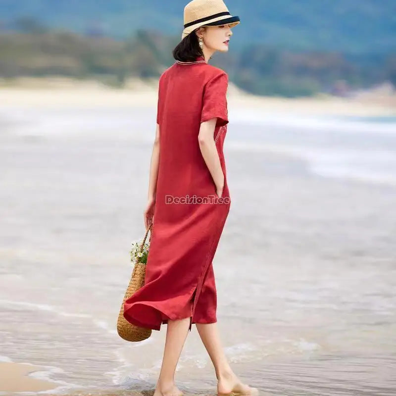 2023 chinese red women loose casual improved cheongsam dress summer new short-sleeved cotton linen embroidery qipao dress s494 - Seprincess