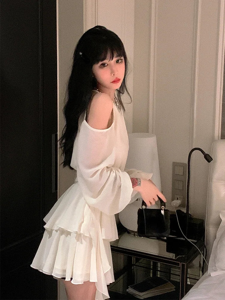 2024 New Fairy Pure Color Short Party Dress Korean Fashion Elegant Mini Dress Woman Design Casual Long Sleeve Dress Female - Seprincess