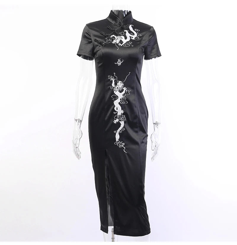 Women Japanese Style Cheongsam Retro Chinese Traditional Dragon Embroidery Long Qipao Split Dress Elegant Ladies Party Clothing - Seprincess