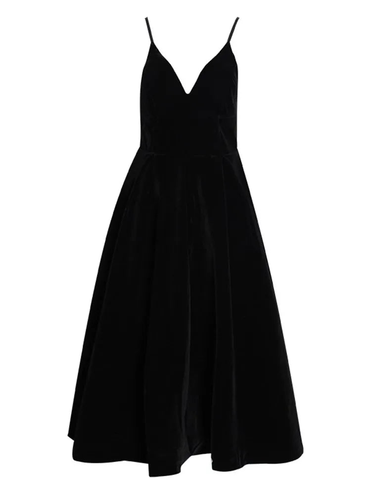 KBQ Backless Velvet Black Camisole Dress For Women V Neck Sleeveless Off Shoulder High Waist A Line Dresses Female Clothes New - Seprincess