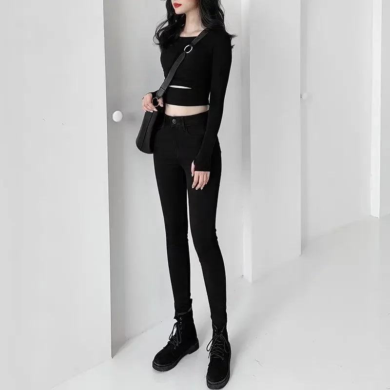 Sexy High-waisted Slimming Jeans New Spring-autumn Korean Style Elastic Black Pants Magic Shaping Shoes Slim Fit For All