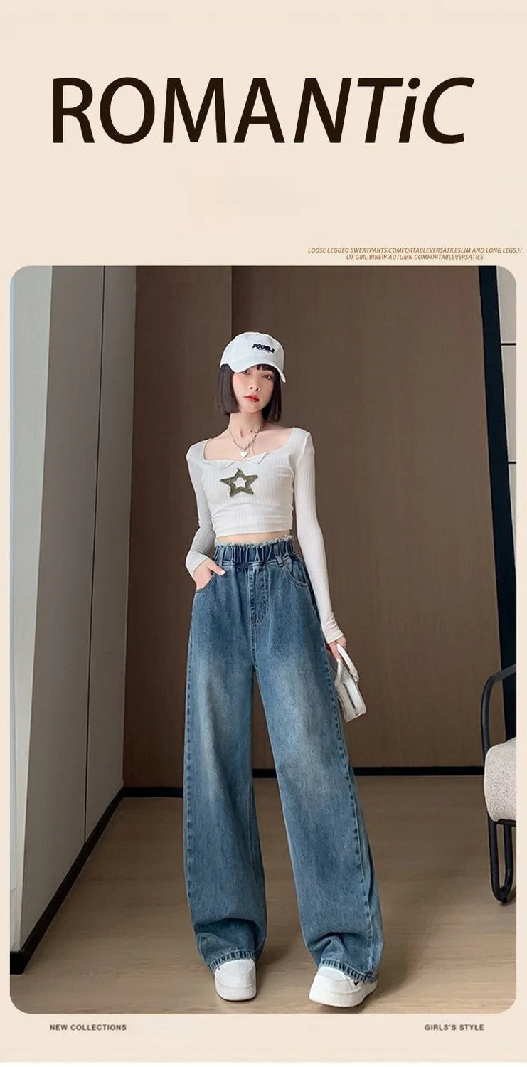 Large Size Denim Trousers Women Trailing Straight Wide Leg Loose High Waisted Slim Lace Tassel Higher Pants