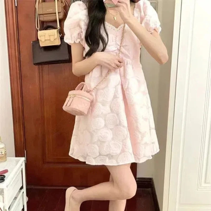 Japanese Bow Women's 2024 Summer New Spliced Puff Sleeve V-neck Flower Fashion Solid Color Slim All-match Princess Party Dresses - Seprincess