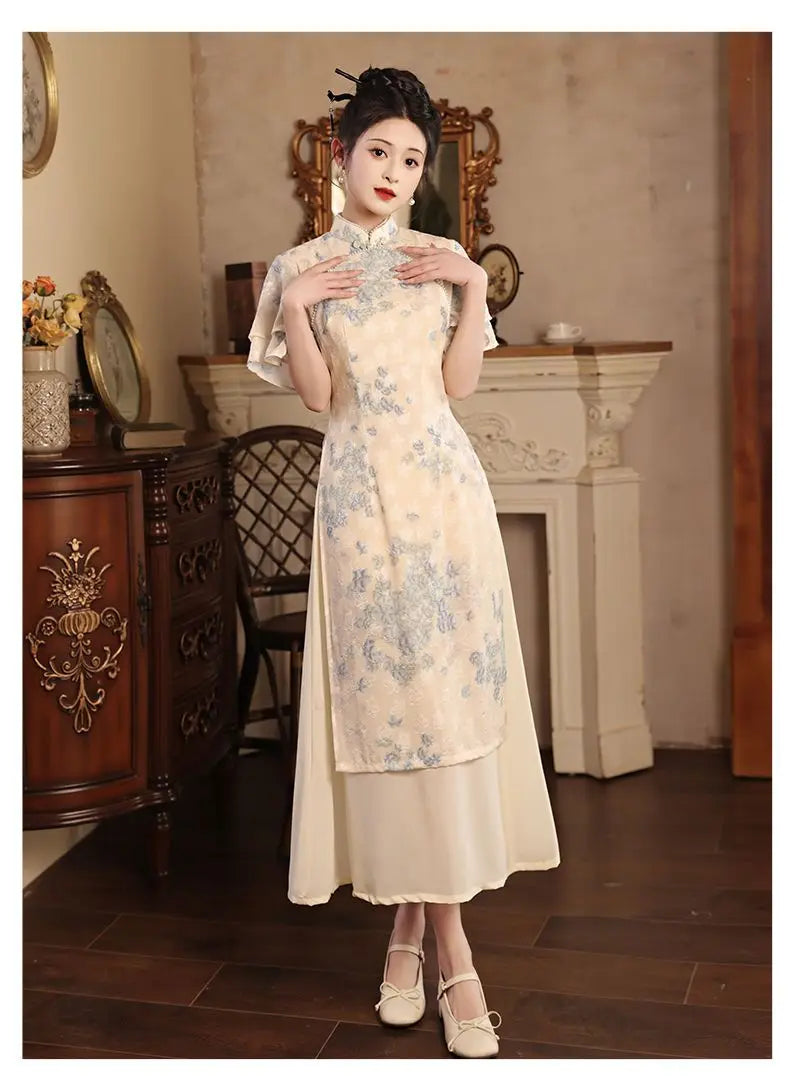 Improved Qipao 2024 New Summer Modern Chinese Style Blue Jacquard Short Sleeve Cheongsam For Women Youth Girls Long Party Dress - Seprincess