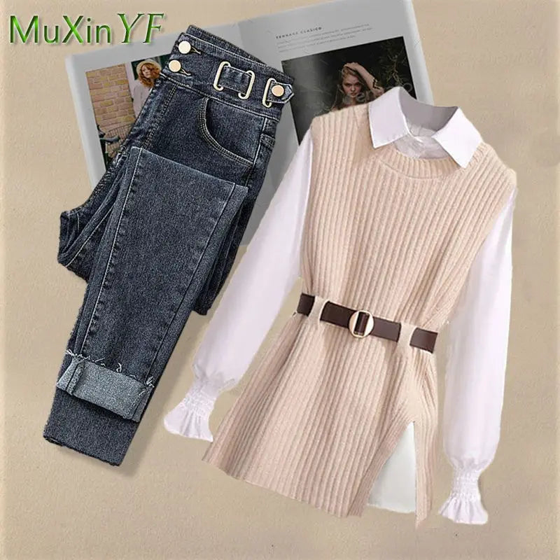 2024 Spring New Korean Elegant in Matching Set Women's Fashion Knitted Vest+Shirt+Jeans Three Piece Female Chic Denim Pants Suit - Seprincess