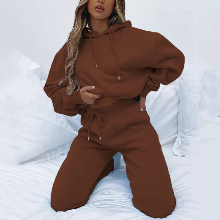 Women Two Piece Sets Tracksuit outfit Hooded Sweatshirts Pocket Drawstring Long Pants Suit Thick Casual Office Lady Autumn