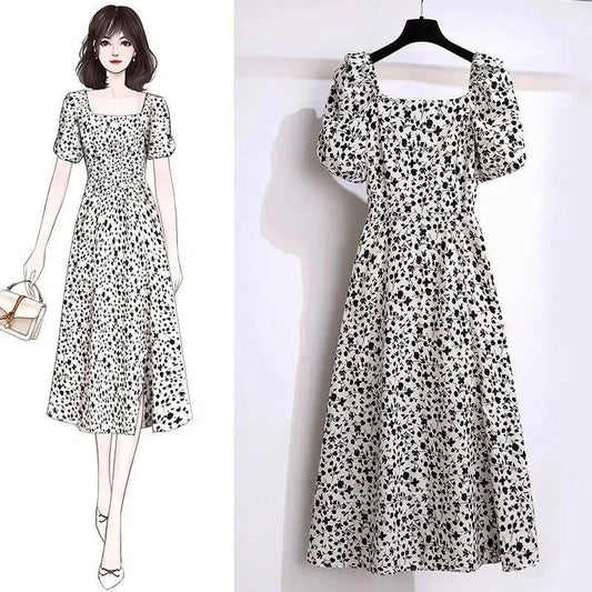 Fresh and Fresh Summer Style for Women Waist Length Long Skirt Tea Break French Hepburn Style Black Floral Dress with - Seprincess