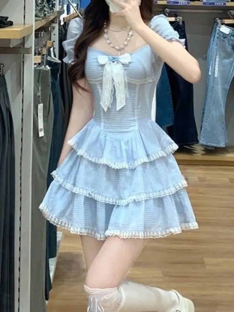 2024 Summer Sweet Kawaii Blue Plaid Dress Woman Lolita Lace Y2k Mini Dress Short Party Elegant One Piece Dress Korean Fashion - Seprincess