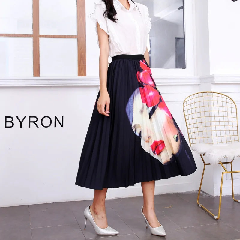 2024 Summer Women Cartoon Print Pleated Skirts A Line High Waisted Elastic Midi Long Skirt Ladies Party Korean Style Dresses - Seprincess