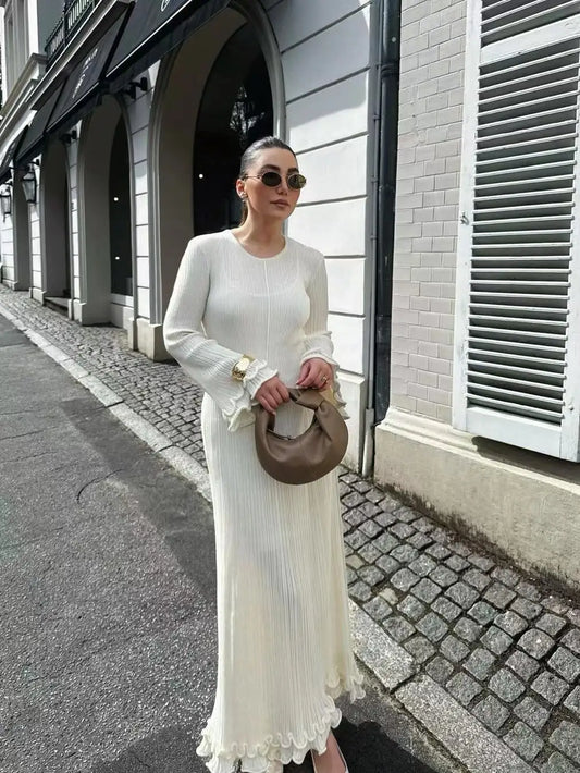 2024 Autumn New Ladies Elegant Flared Sleeve Knitted Dress Women Fashion Crew Neck White Slim Robes Summer Female Party Dresses - Seprincess