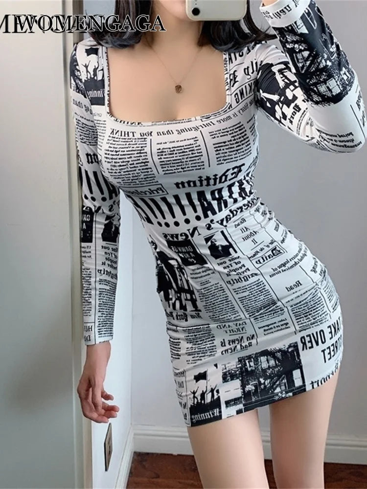 Hot-selling Printed Europe Newspaper Sexy Mini Dress 2020 Autumn New Fashion Street Shooting Slim Girl Female Square Collar ZW0 - Seprincess