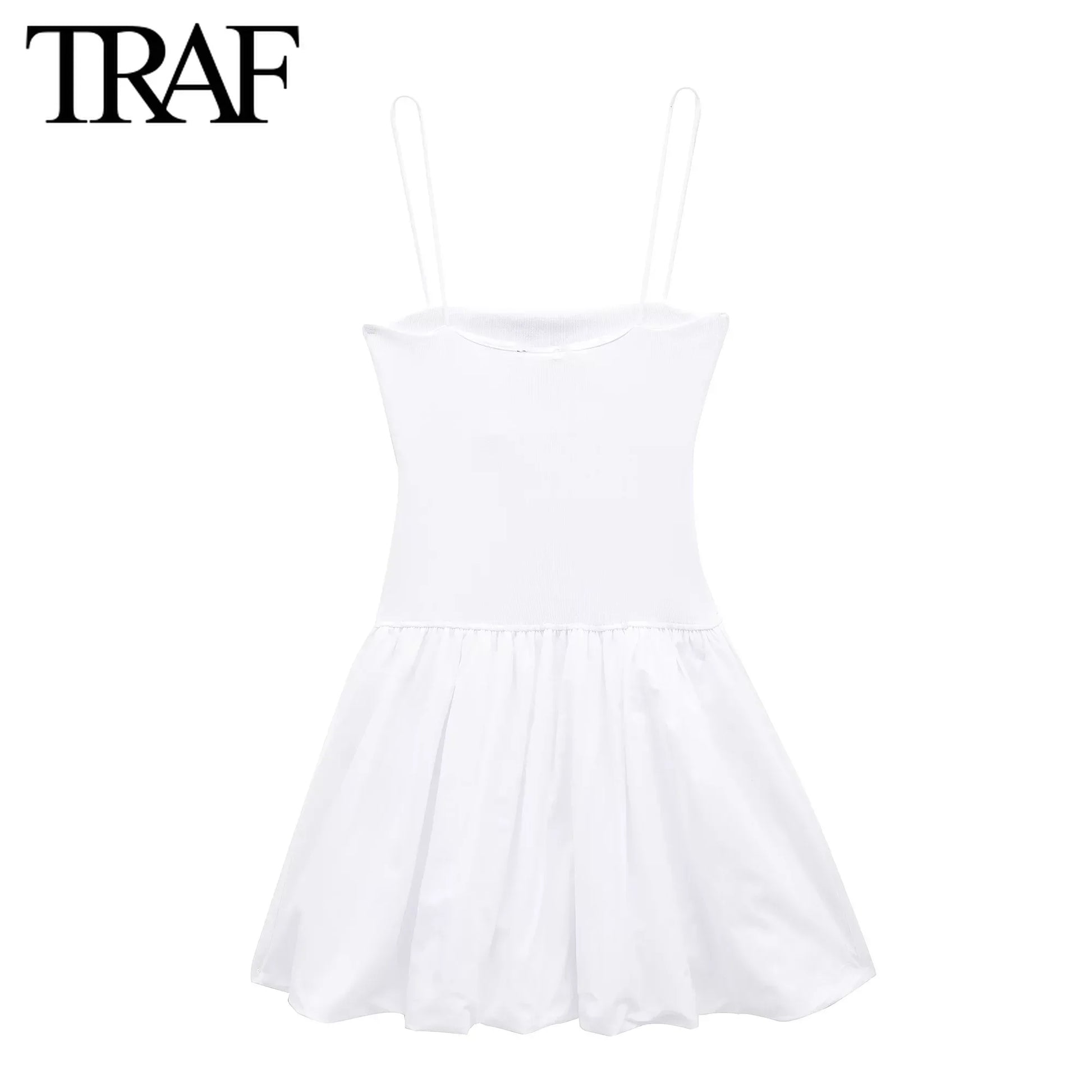 TRAF Women Fashion Summer Sexy Sling Backless Puffy Poplin Rib Stitching Dress Chic Female French Elegant Evening Mujer - Seprincess