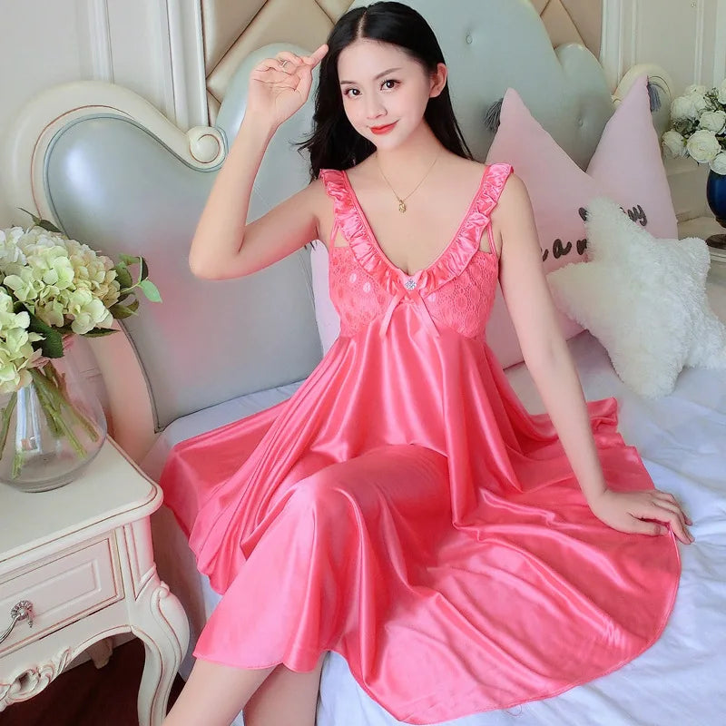 Thin Silk Lady Charming Sleepwear Night Dress Women Sexy Soft Lingerie Spaghetti Strap Home Wear Honeymoon Bride Wedding Nighty - Seprincess