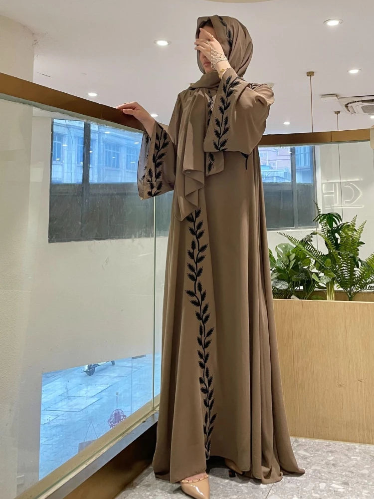 Eid Muslim Abaya for Women Embroidery Dress with Scarf 2 Piece Set Dubai Arab Long Robe Morocco Abayas Kaftan Headscarf Gorgeous - Seprincess