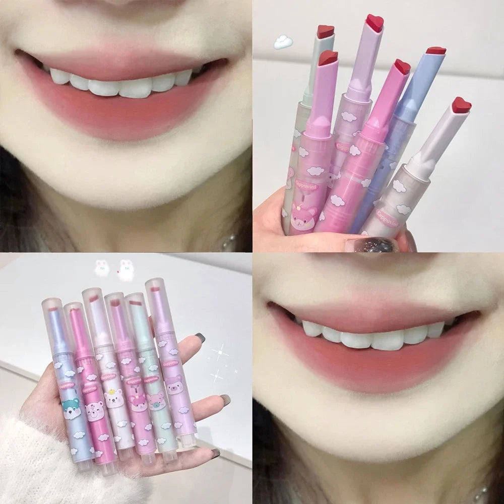 6 Color Sexy Velvet Matte Lipstick Pen Color Rendering Lasting Non-stick Cup Heart-shaped Solid Lip Gloss Korean Makeup Cosmetic - Seprincess