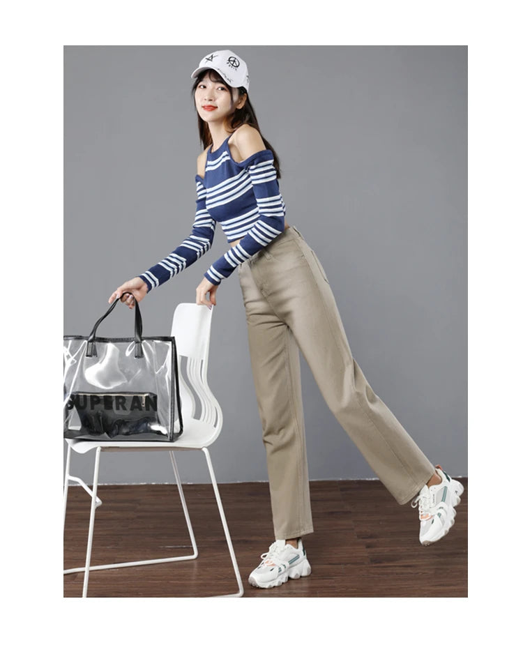 High Quality Korean Denim Jeans Women Straight Pants High Waist Thin White Pink Grey Green Trousers Ladies