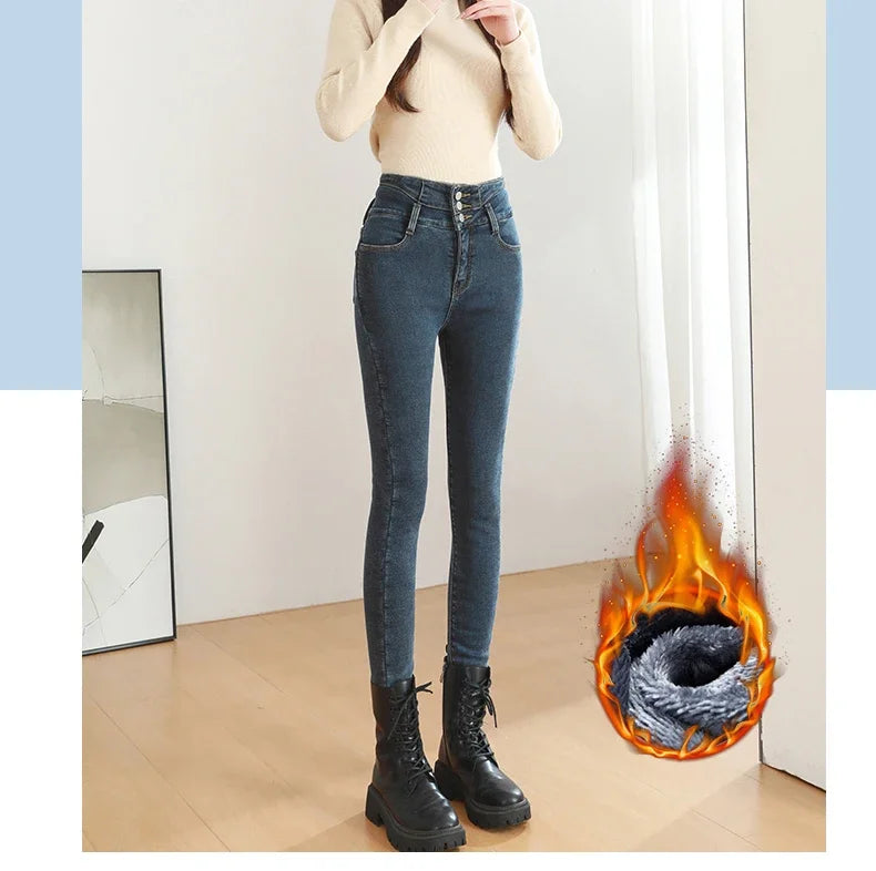 Black Fleece Warm Women Winter Jeans Thickened High Waist Multi-button Skinny Stretch Denim Pants Fashion Korean Female Trousers