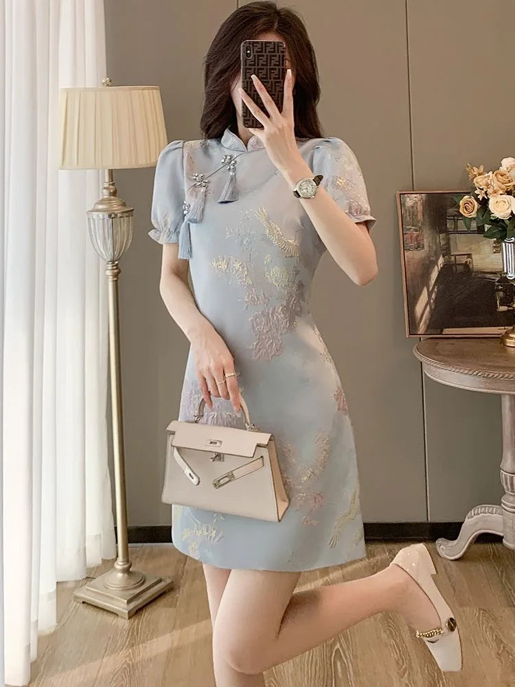 Chinese Style Elegant Cheongsams Dress Summer Women Vintage Floral Embroidery Qipao Mini Dress Lady Chic Tassels Slim Vestidos - Seprincess