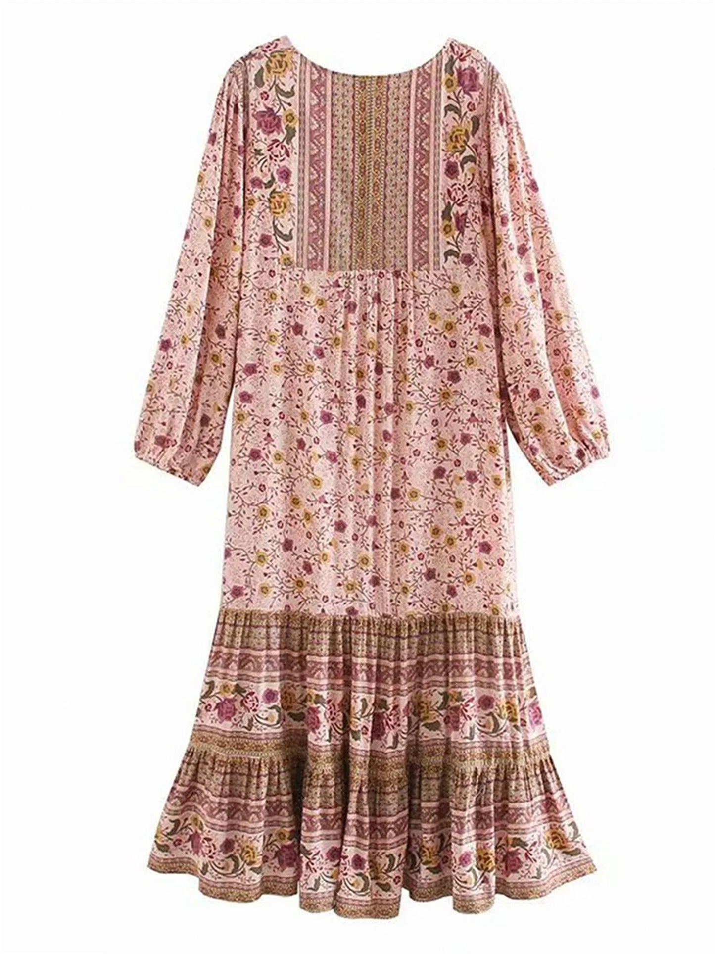 Bohemian Style Maxi Dress with Vintage Floral Print Long Puff Sleeves V-Neckline and Flowy A-Line Silhouette Perfect for - Seprincess