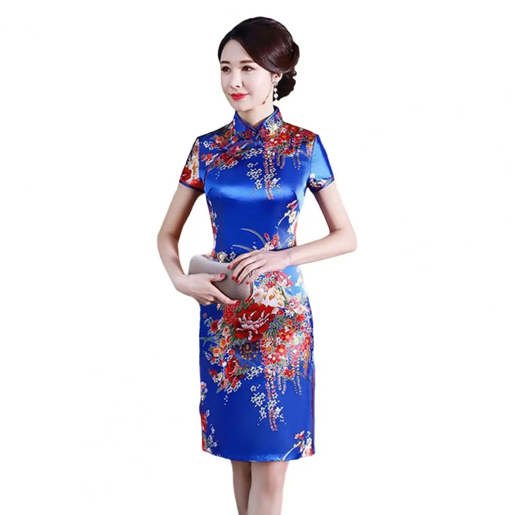 Women Cheongsam Mandarin Collar Short Sleeve Disc Buckles Side Split Lady Cheongsam Flower Print Chinese Style Qipao - Seprincess