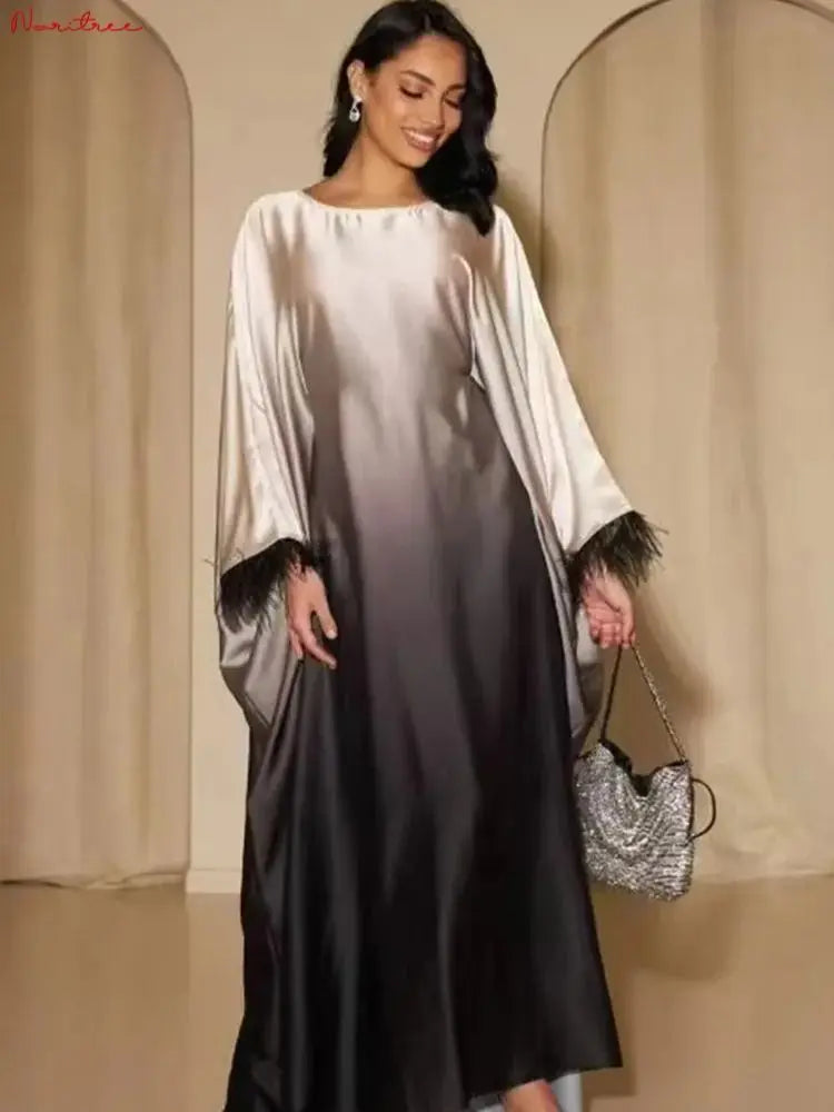 Fashion Shiny Feather Cuff Muslim Dress Robe Female Full Length Soft Butterflies Abaya Muslim Dress Worship Service Abaya wy2073 - Seprincess