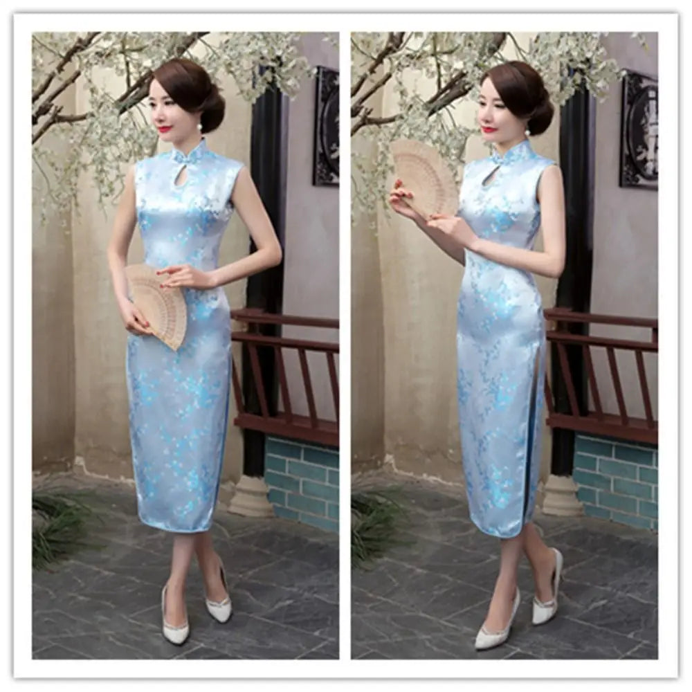 Floral Print Cheongsam Dresses Mandarin Collar Vintage Bodycon Dresses Maxi Chinese Style Chinese Qipao Evening Dress - Seprincess