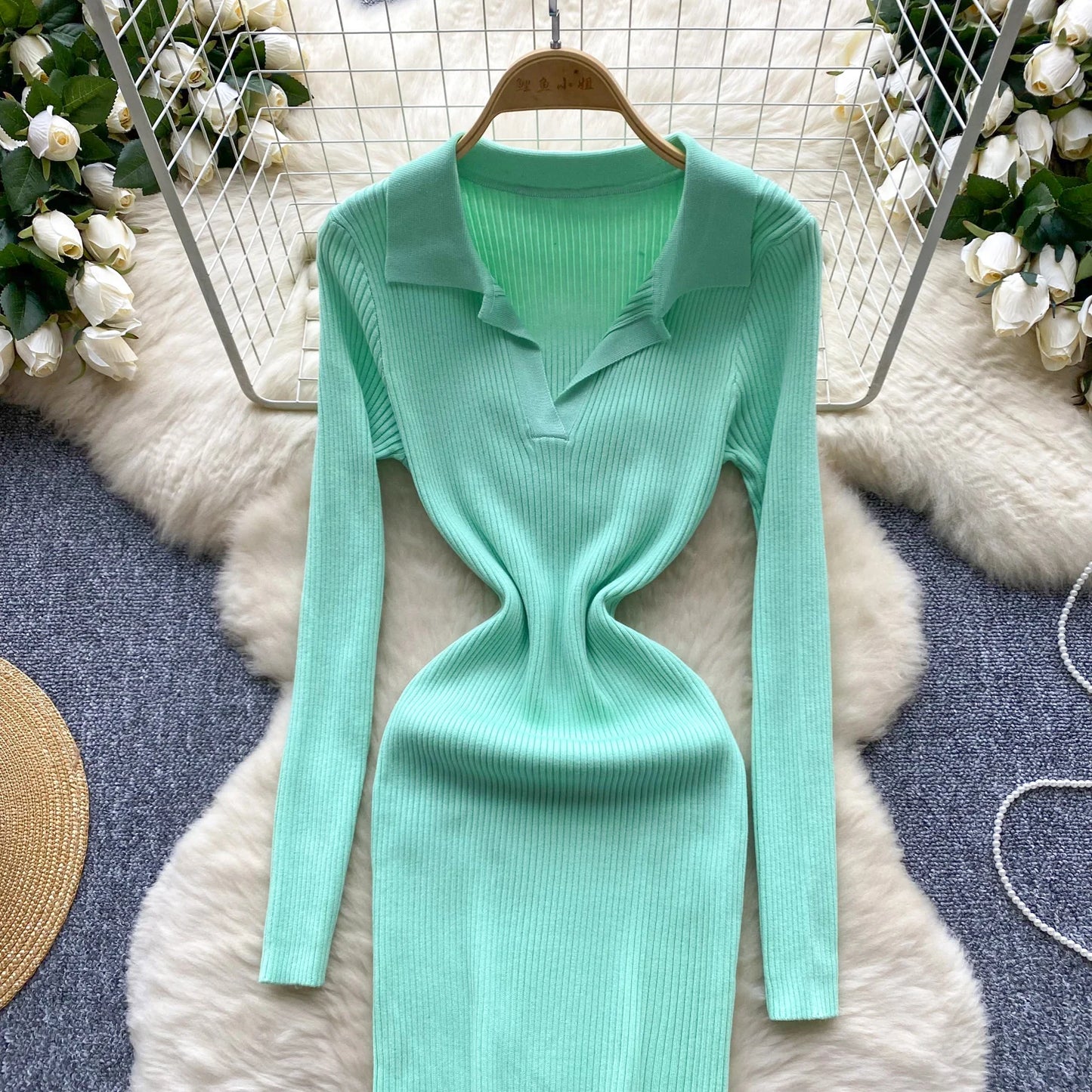 SINGREINY French Vintage Sweater Dress 2024 Ladies Lapel Long Sleeves Autumn Fashion Solid Basics Bodycon Knitted Long Dress