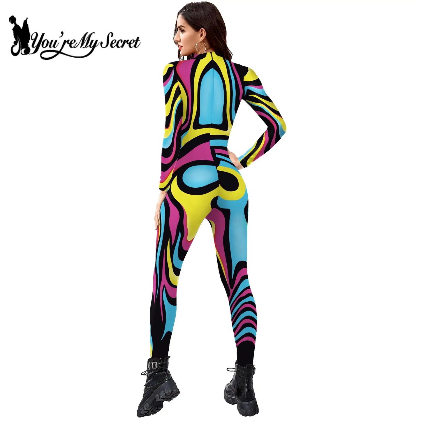 [You're My Secret] Women's Catsuit Fashion Funny Halloween Cosplay Costumes 3D Skeleton Muscle Print Zentai Bodysuit Jumpsuits - Seprincess