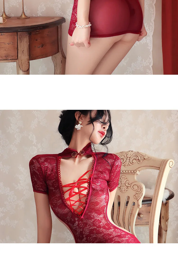 Lingerie dress Cheongsam strap deep v exposed back ultra short Sex shop fetish sexy hot underwear women promotions 99% sales xxx - Seprincess