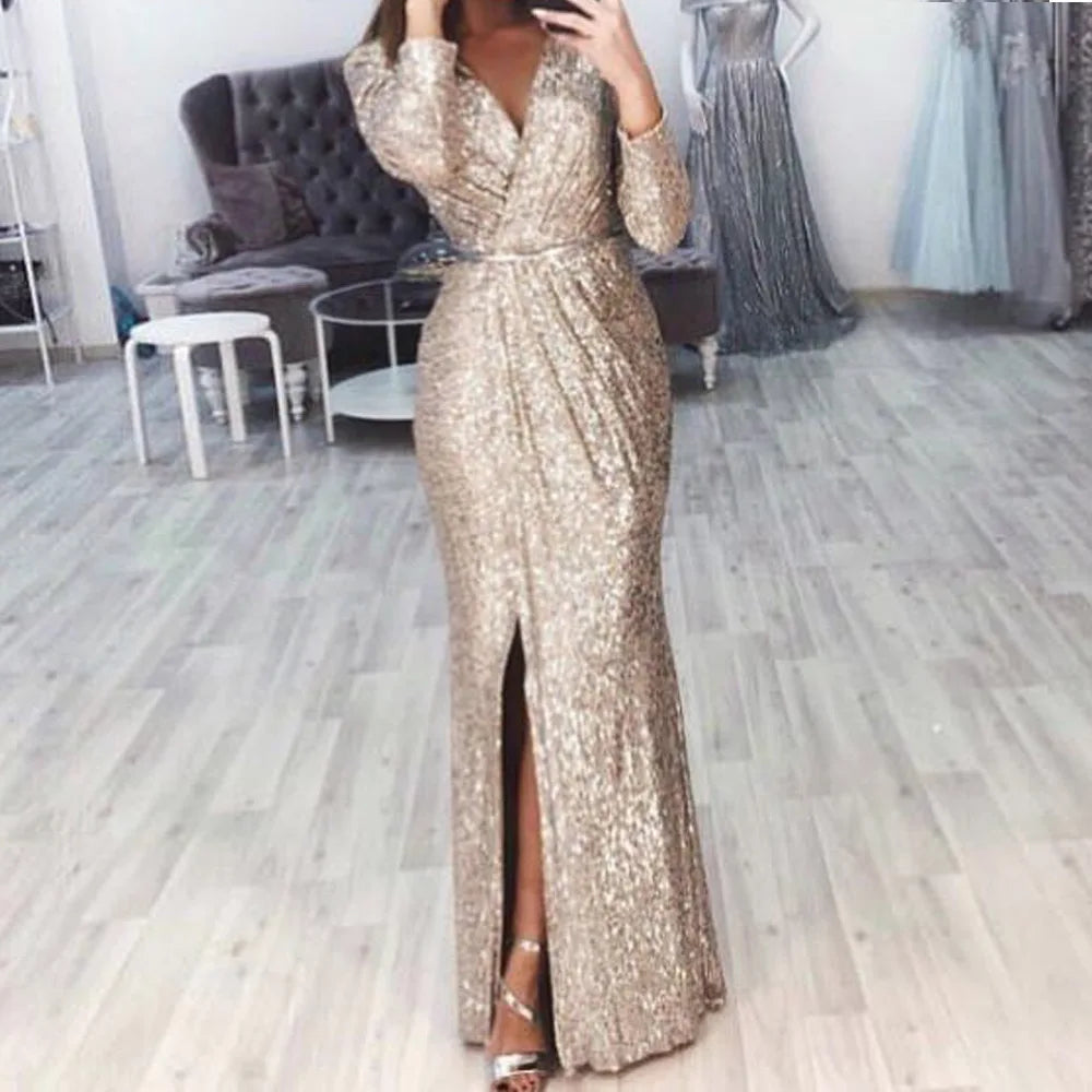 Autumn Winter Women's Dress Sequin V-neck Long Sleeved Waist Sexy Split High End Casual Fashion Elegant Dress Women's Dress - Seprincess