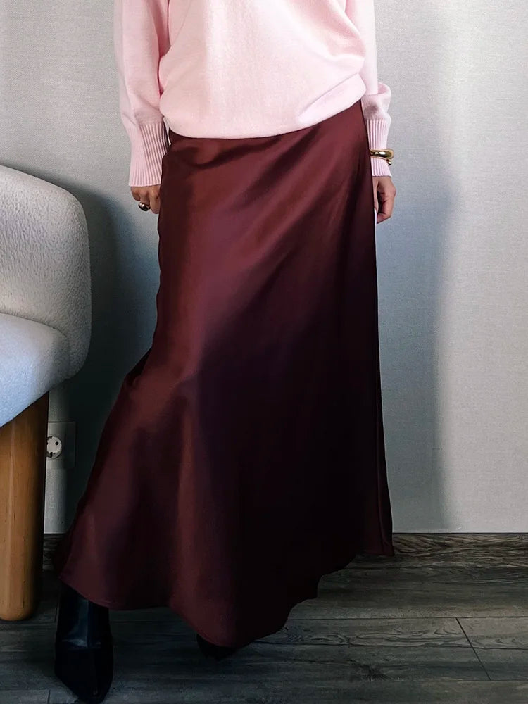 Long Black Satin Skirts For Women 2024 Autumn Winter Maxi Brown Burgundy Skirts Ladies Green Lace Up Women Satin Silk Skirt