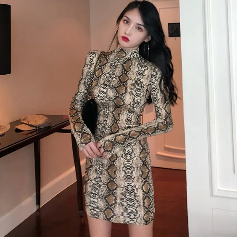 Fashion Vintage Snake Print Dress Turtleneck Sexy Long Sleeve Tight Dress For Women - Seprincess