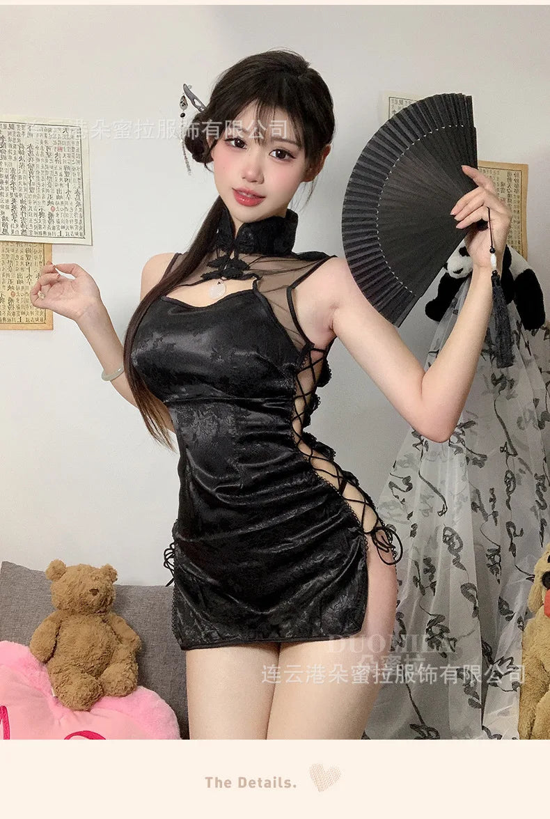 Sexy Cheongsam Mini Dress Mesh Lace Sheer Charming Underwear Uniform Transparent Slim Side Straps Dress Elegant Tops HE1O - Seprincess