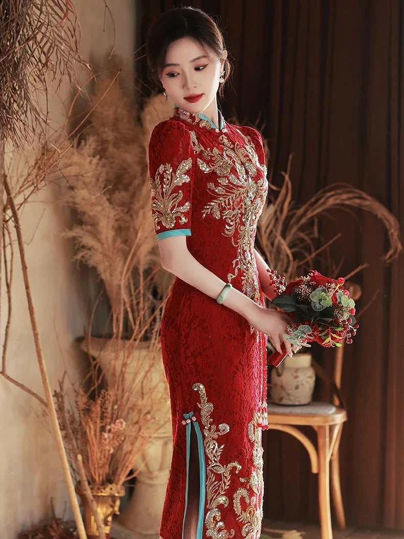 Toast Bride Wedding Dress Luxury Sequin Qipao Long Chinese Women Traditional Vintage Cheongsam Dresses Evening Gown China - Seprincess