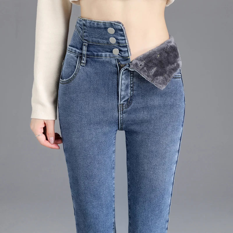 Winter Women Thick Velvet High Waist Skinny Jeans Simple Warm Fleece Slim Fit Stretch Trousers Casual Ladies Denim Pencil Pants