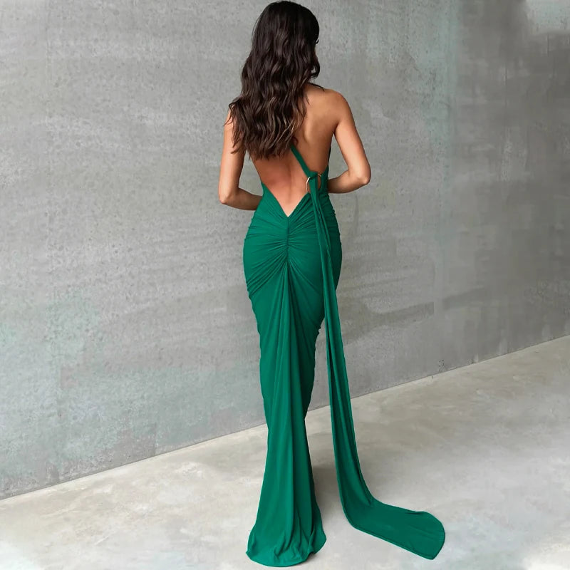 2023 One Shoulder Backless Adjustable Scarf Loop Ruched Sexy Maxi Dress Women Elegant Y2K Streetwear Festival Outfit