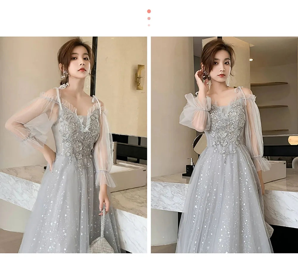 Bridesmaid Dress Women Lantern Sleeve Sequin Tulle Party Dresses Fairy Stage Performance Elegant Ladies Banquet Evening Gown - Seprincess