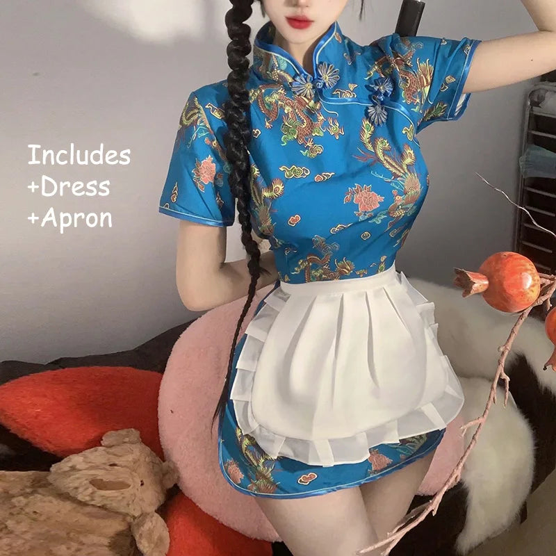 Sexy Chinese Women Cheongsam Cute Maid Role Play Outfit Apron Dress Uniform Kawaii Anime Little Chef Qipao Cosplay Costume - Seprincess