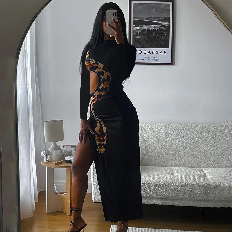 Autumn Winter Maxi Dress Women Fashion Snake Print Cut Out Slim Dresses Long Sleeve Sexy Split Holiday Party Dress 2024 Black - Seprincess