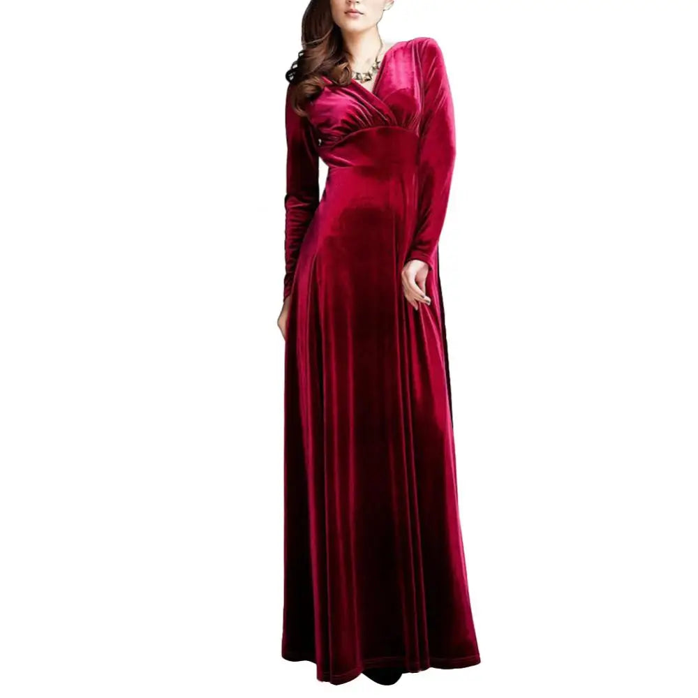 Vintage Women Autumn Long Sleeve V Neck Pleated Velvet Banquet Party Maxi Dress Party Wedding Elegant Evening dress? - Seprincess