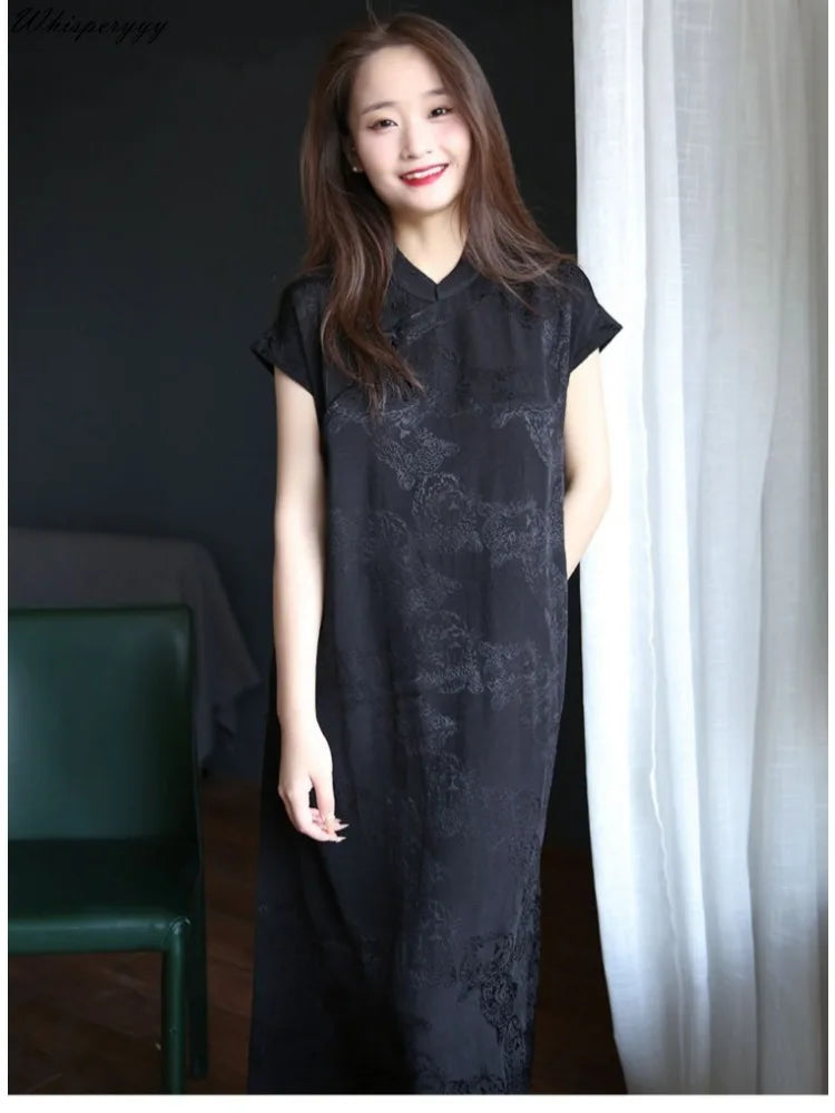 2024 Summer Original Design Cotton Linen Qipao Black Women's Literary Vintage Cheongsam Chinese National Style Dress Women - Seprincess