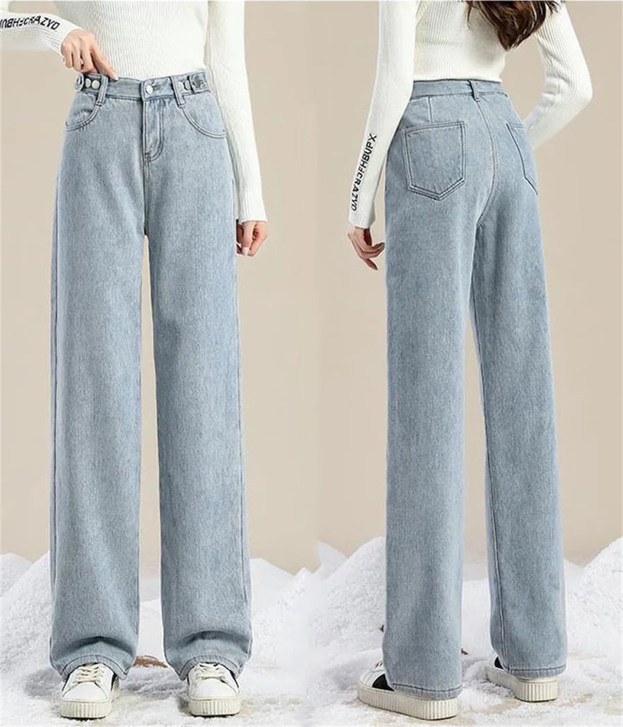 Straight Velvet Lined Baggy Jeans Pants Women Warm Plush Wide Leg Vaqueros Pantalones Thick Loose Vintage Winter Denim Trousers