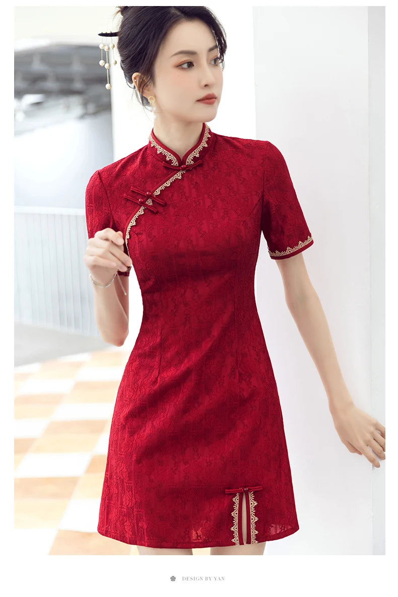 Traditional Chinese Clothing Red Cheongsam Summer New Modern Improved Young Short Qipao Dress New Year CNY - Seprincess