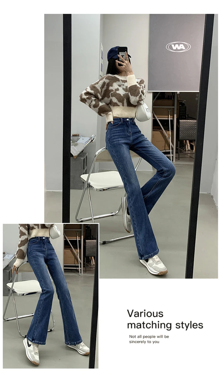 Winter Warm Women's Jeans Fashion Slim Thicken Fleece Flared Pants High Waist Elastic Skinny Velvet Plus Length Female Jeans