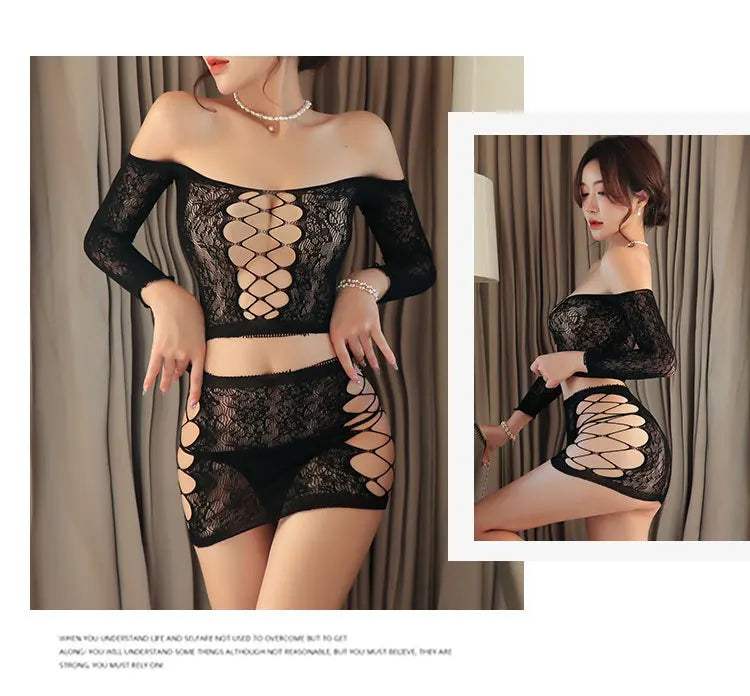 lingerie Hollow deep V-dew pattern two-piece set women underwear open crotch Held sexy xxx Sexy clothes - Seprincess