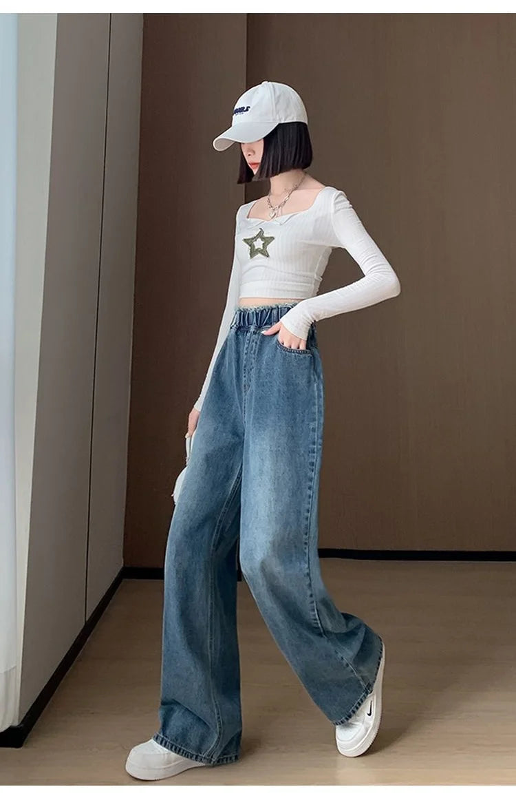 Large Size Denim Trousers Women Trailing Straight Wide Leg Loose High Waisted Slim Lace Tassel Higher Pants