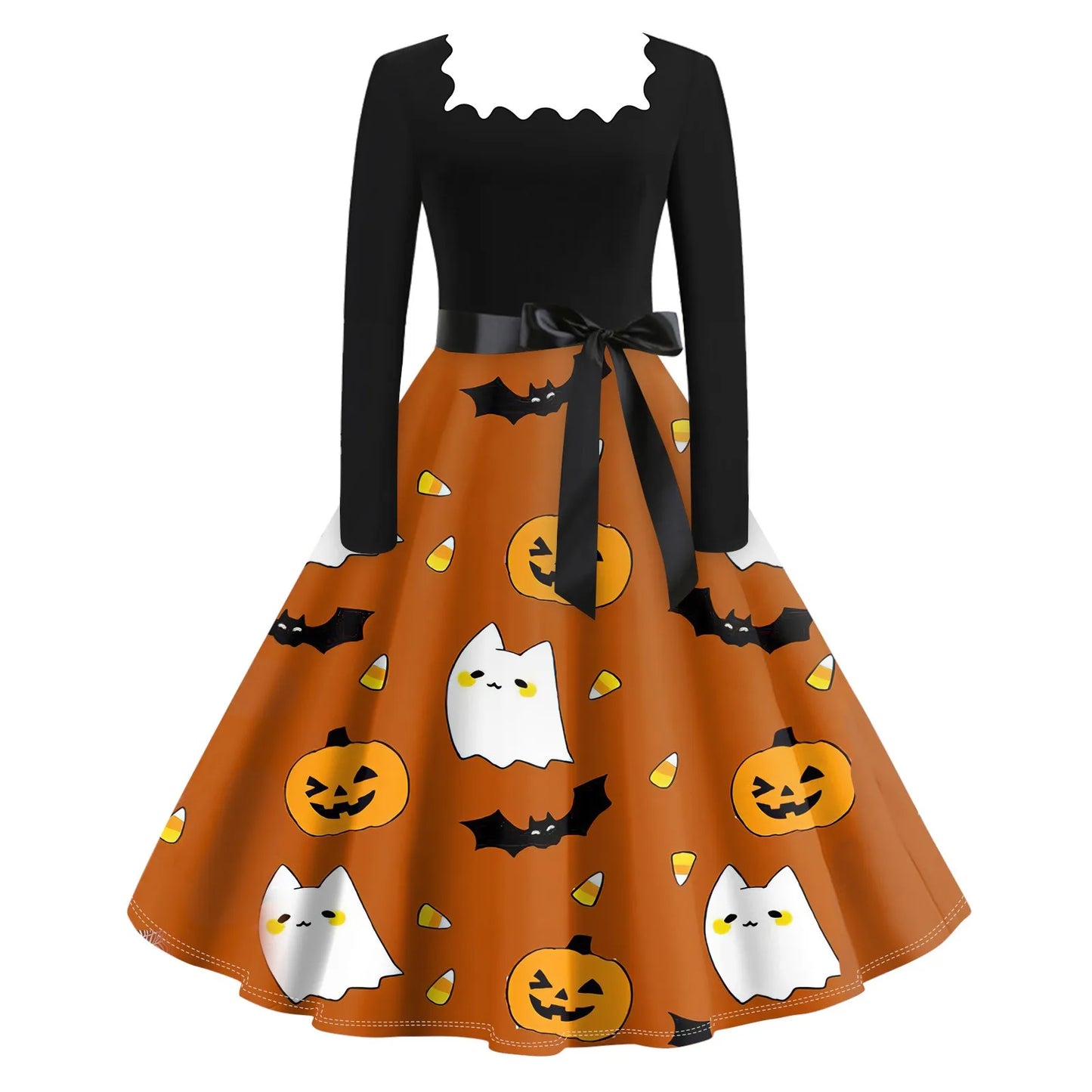 Women's Casual Fashion Halloween Print Vintage Long Sleeve Dress Women Dress 2024 Trend Womens Summer Dresse Casual Womens Dress - Seprincess