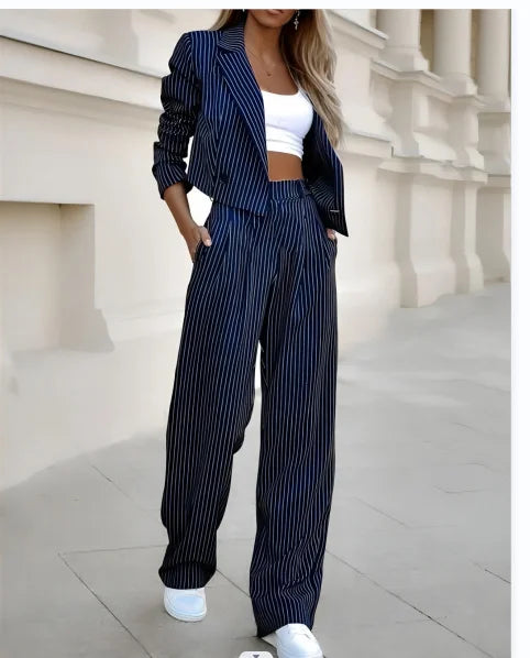 Mandylandy Casual Striped Suits Women Outfits Summer Short Style Lapel Suit Trousers Stripe Blazer Coats Straight-Leg Pants Suit - Seprincess